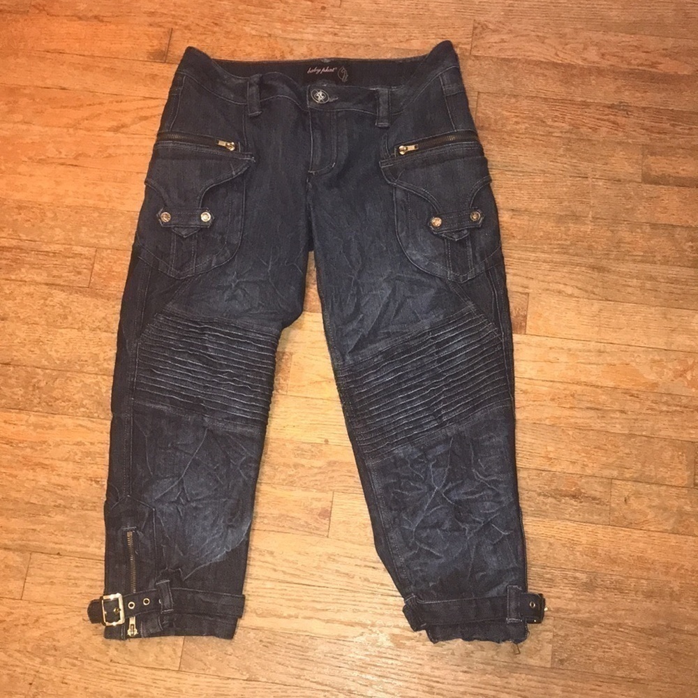 Baby Phat  Woman’s denim Jeans Capri Cargo Moto Leg Buckle Zip Dark Wash size 5